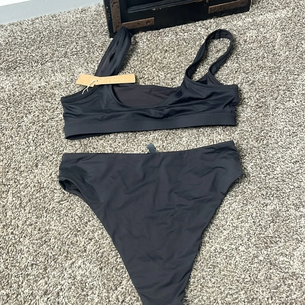 NWT SKIMS Signature Swim Mid Waist Bottom & tank bikini top Onyx Black Sz large